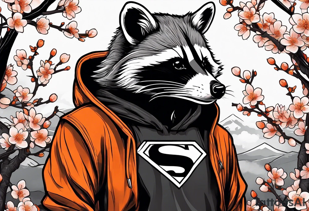 Raccoon wearing a white Superman logo on a black hoodie and orange Japanese cherry blossoms tattoo idea