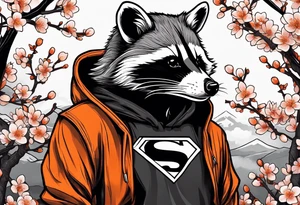 Raccoon wearing a white Superman logo on a black hoodie and orange Japanese cherry blossoms tattoo idea