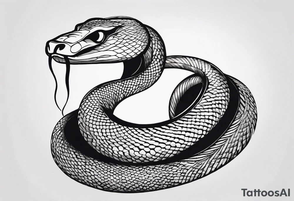 Create a detailed sketch of a snake tattoo. The design should feature a coiled snake with intricate scales and a dynamic, flowing pose. Emphasize the snake's head with a slightly menacing expression, its forked tongue flicking out. Include subtle shading to highlight the texture of the scales and give the design a sense of depth. The overall style should be clean and bold, suitable for a tattoo, with a focus on both artistic and anatomical accuracy. Consider incorporating elements like floral or geometric patterns in the background to complement the snake tattoo idea