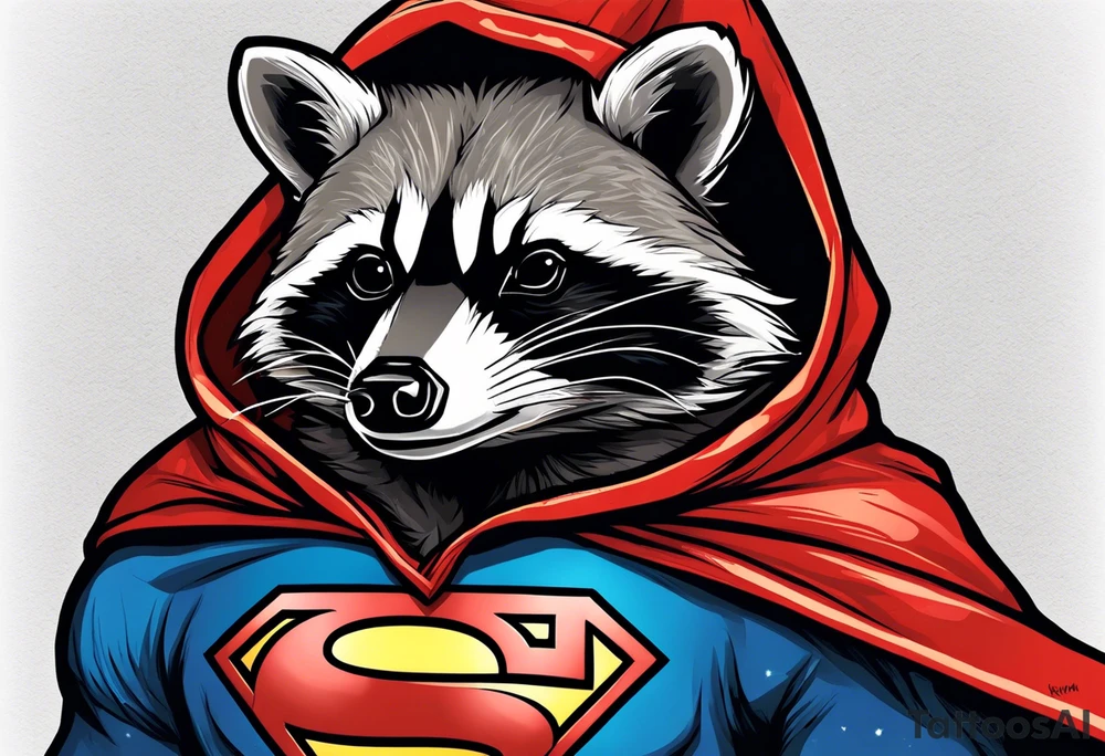 raccoon wearing a Superman hoodie tattoo idea
