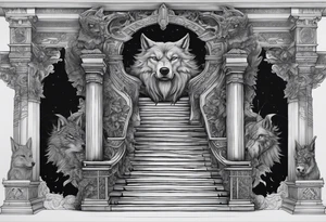 a staircase to valhalla with a big face of  the god Odin at its end. On the side of the stair is a pack ow wolves. Also add in a a pair of doves and two ravens tattoo idea