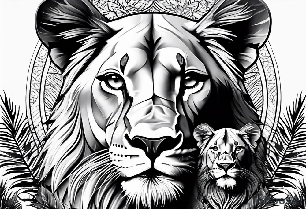 lioness and cub sun palm tree tattoo idea