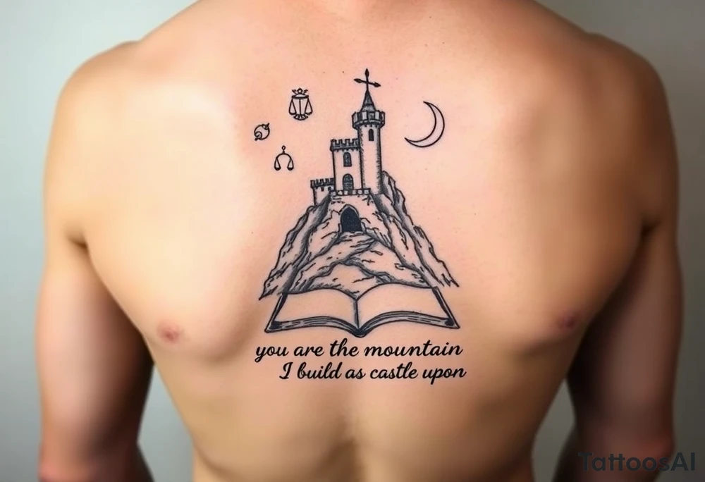 A small crumbling castle on a rocky mountain with an open book under the mountain. Above the castle are the 3 constellations aries, Libra and Sagittarius and a crescent moon. Underneath the open book are the words "you are the mountain I build my castle upon" tattoo idea