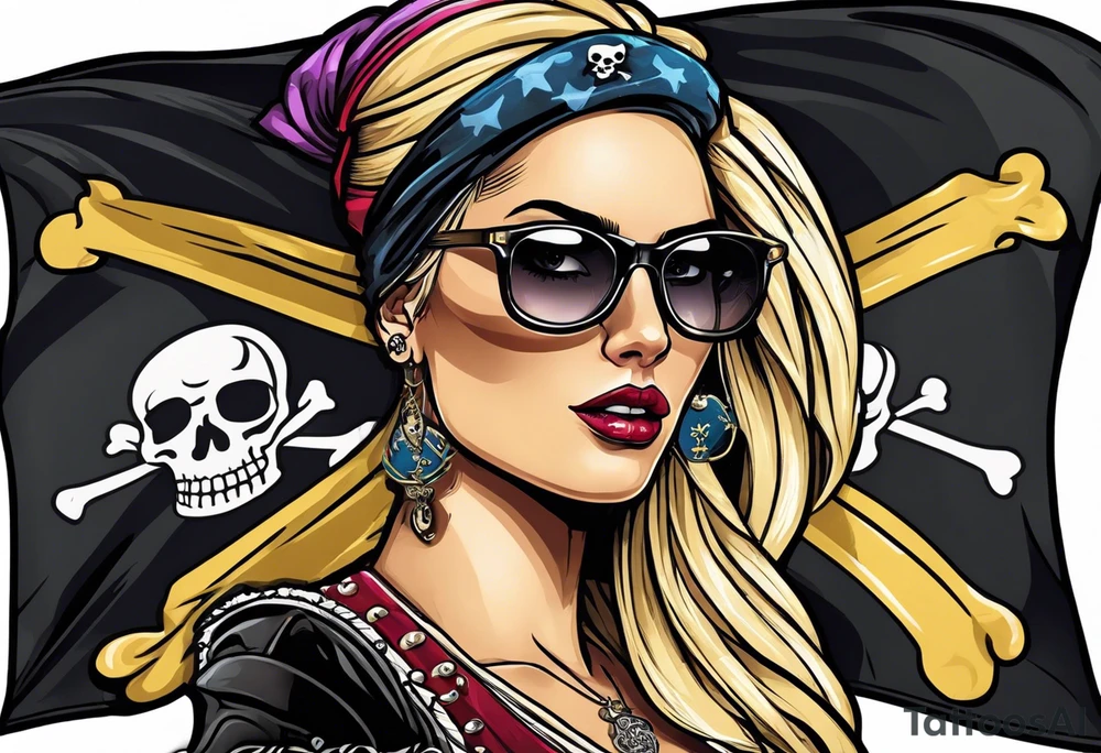 pirate flag with a female skull wearing glasses with two blonde buns and crossbones underneath, no hat tattoo idea