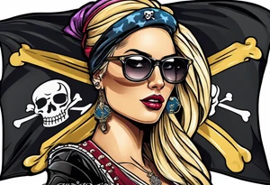 pirate flag with a female skull wearing glasses with two blonde buns and crossbones underneath, no hat tattoo idea
