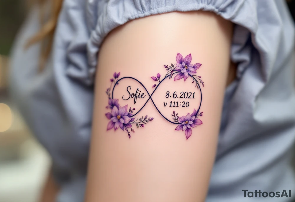 Floral infinity sign incorporating name Sofie and numbers 8.6.2021 v 11:20" in lavender and soft beige. tattoo idea