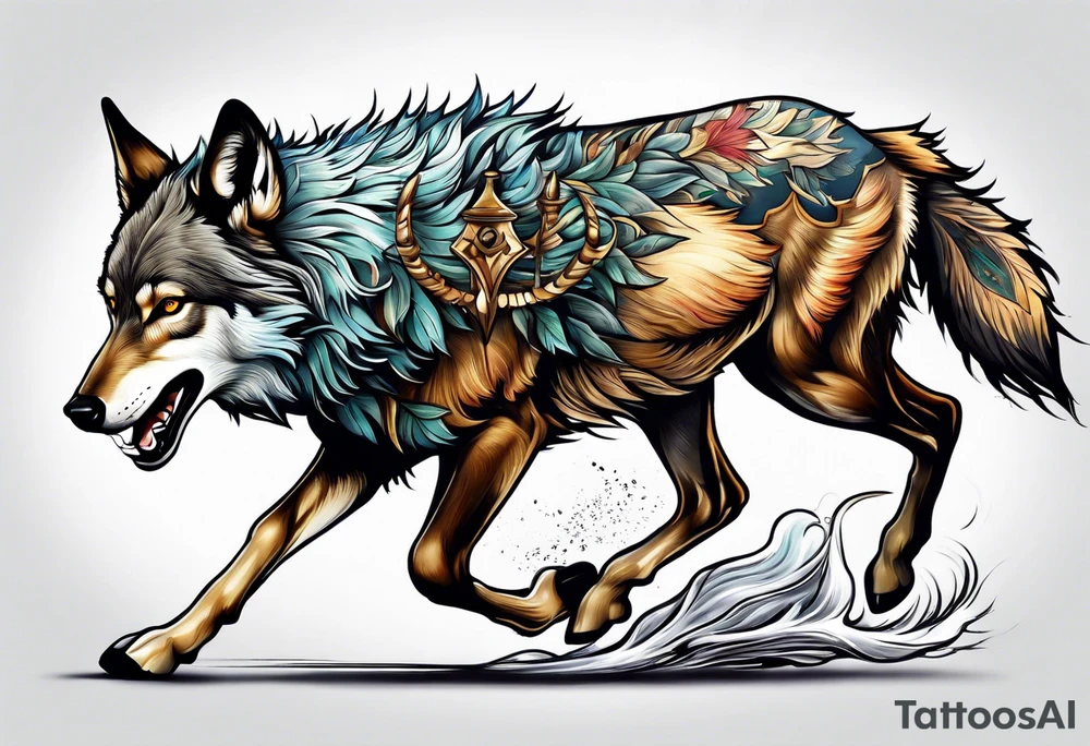 stag running with wolf tattoo idea