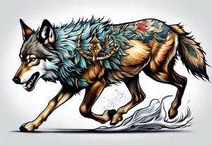 stag running with wolf tattoo idea