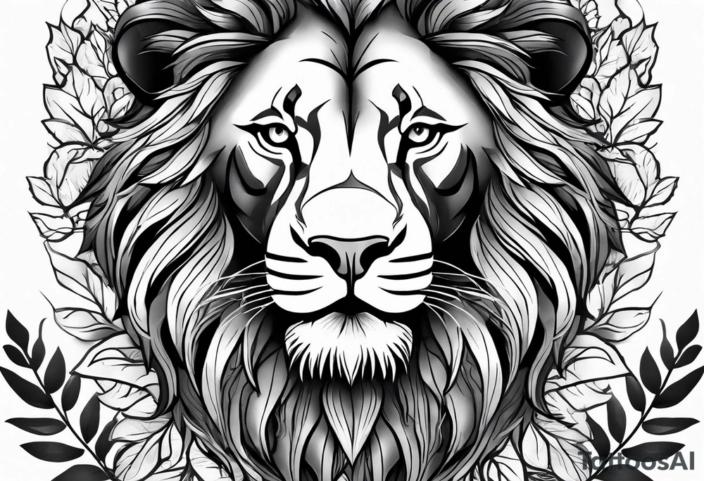 Lion face with leaves tattoo idea