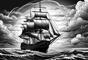 storm clouds with lightning surrounding a ship tattoo idea