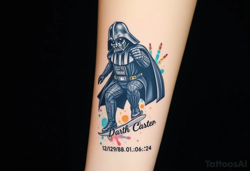 Darth Vader skateboarding > bullets > memorial > colors > god > futuristic 
add name "Darth Carter" on skateboard
add date in loving memory 12/29/88-01/06/24 tattoo idea
