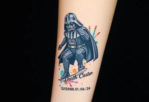 Darth Vader skateboarding > bullets > memorial > colors > god > futuristic 
add name "Darth Carter" on skateboard
add date in loving memory 12/29/88-01/06/24 tattoo idea