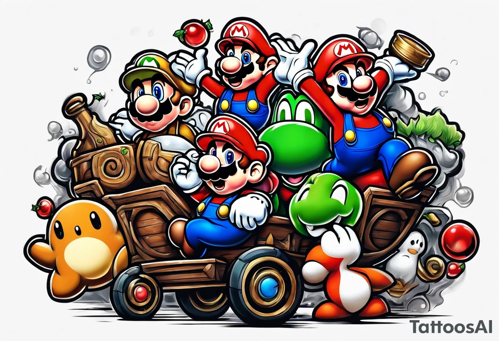 Mario brothers with ghosts and goombas with canons tattoo idea