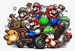 Mario brothers with ghosts and goombas with canons tattoo idea