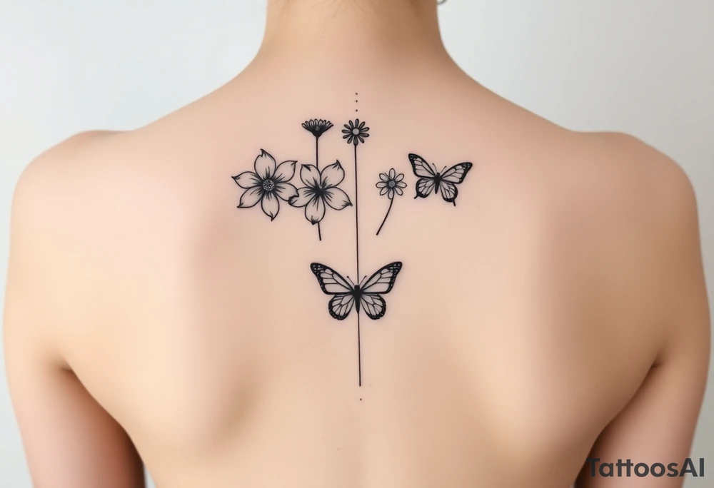 Vertical line down the middle

Water lily, honeysuckle, narcissus, violet and a daisy on top of vertical line

Small butterflies tattoo idea