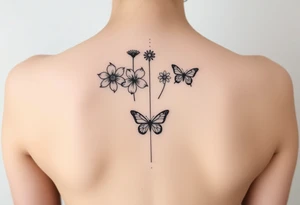 Vertical line down the middle

Water lily, honeysuckle, narcissus, violet and a daisy on top of vertical line

Small butterflies tattoo idea