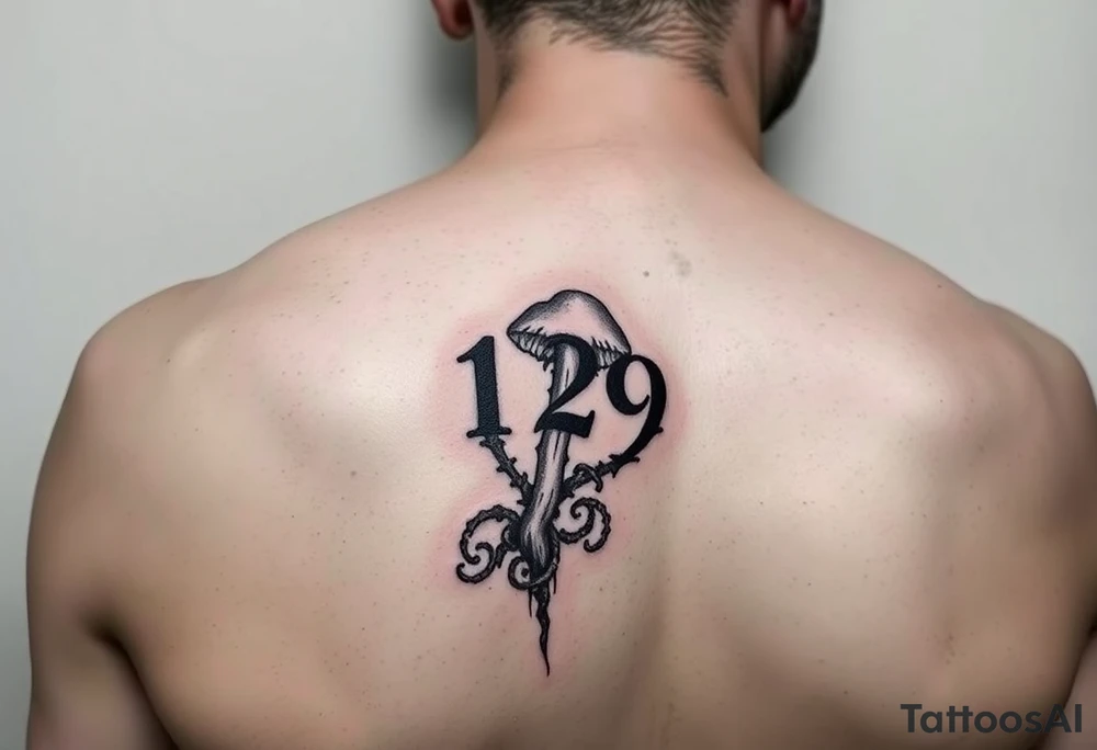 A 5x5cm squared forearm grunge tattoo with the number 129 and something like a fungus tattoo idea