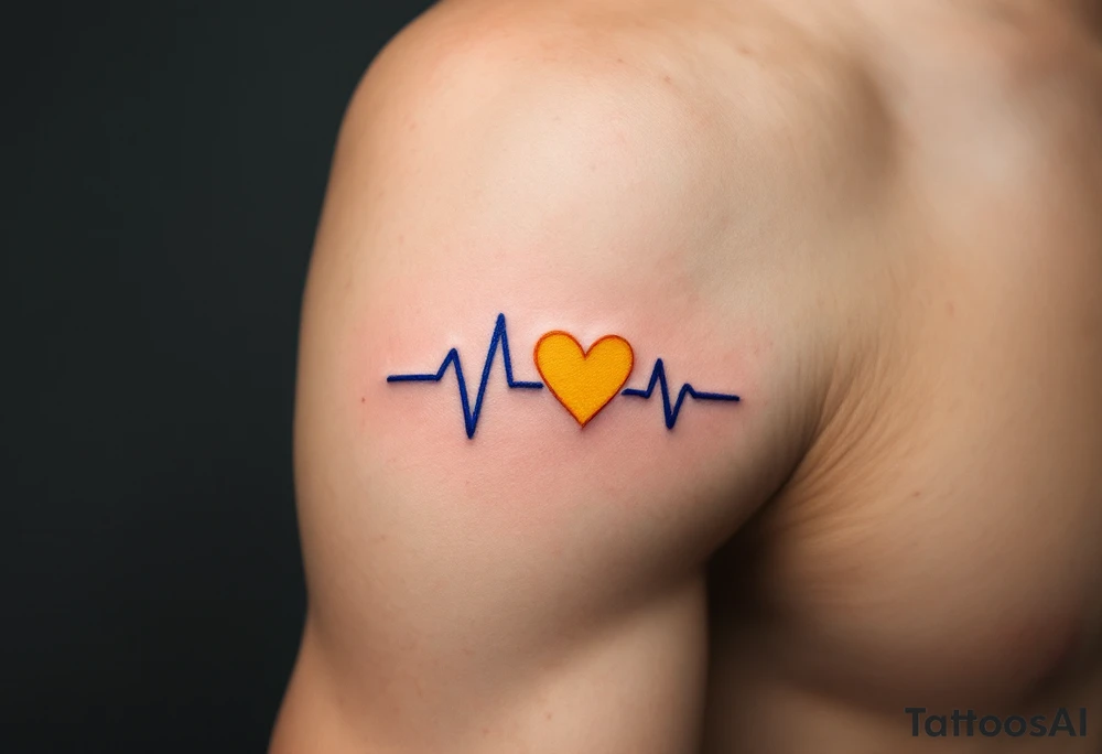 A blue EKG tattoo around the arm with a bright yellow heart, capturing the pulse of love and happiness. tattoo idea