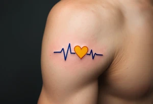A blue EKG tattoo around the arm with a bright yellow heart, capturing the pulse of love and happiness. tattoo idea