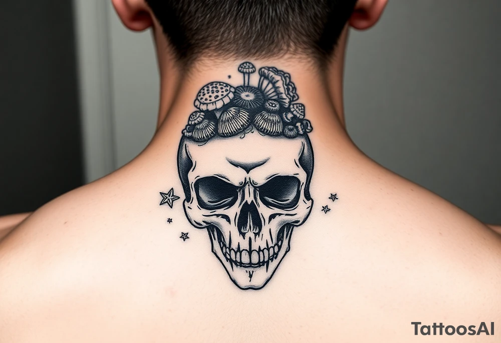 Skull with moss and mushrooms on it tattoo idea