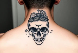 Skull with moss and mushrooms on it tattoo idea