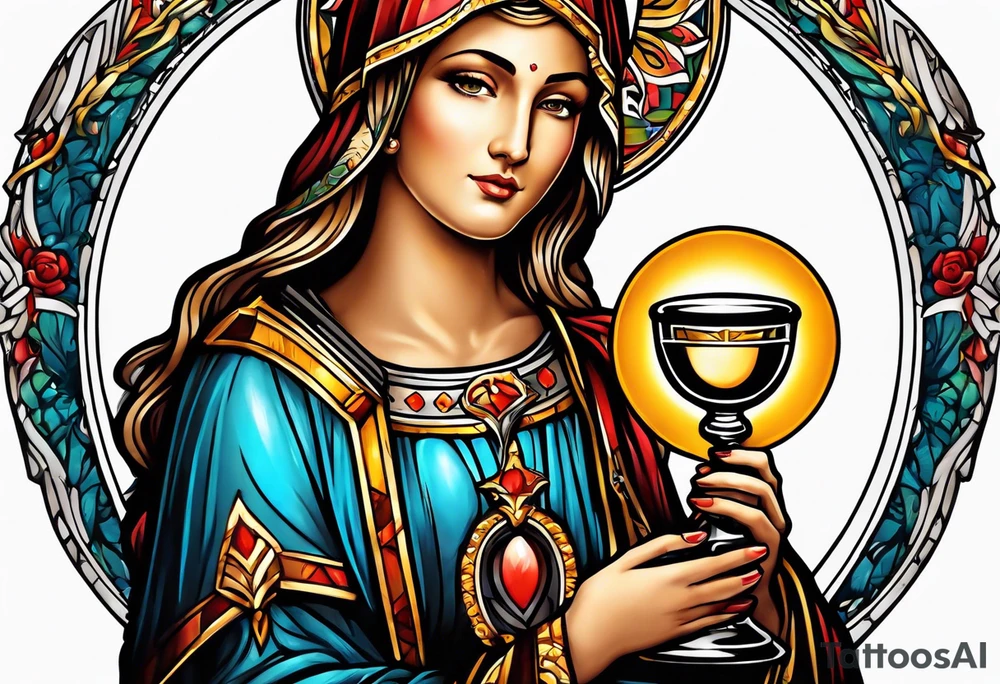 holy saint woman with halo holding a chalice tattoo idea