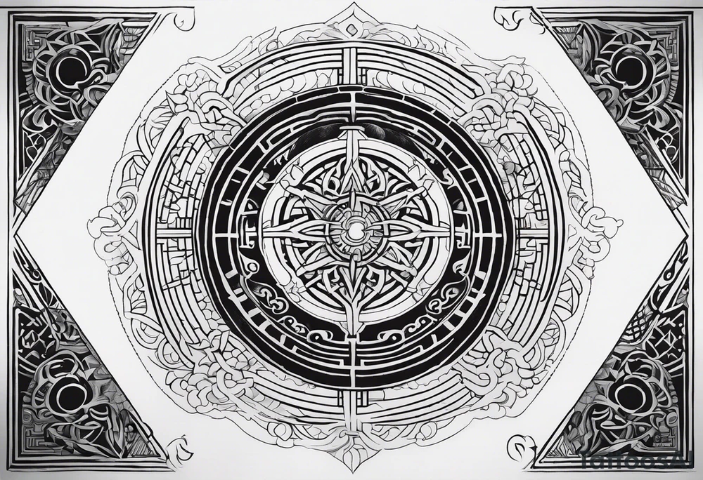 A half-and-half tattoo design, where one half features intricate geometric and mystical symbols inspired by Doctor Strange, with detailed line work or tribal patterns. The other half could integrate another element, such as a philosophical word from Asian languages, adding depth and personal meaning. The design balances mystical symbols with reflective, life-oriented themes tattoo idea