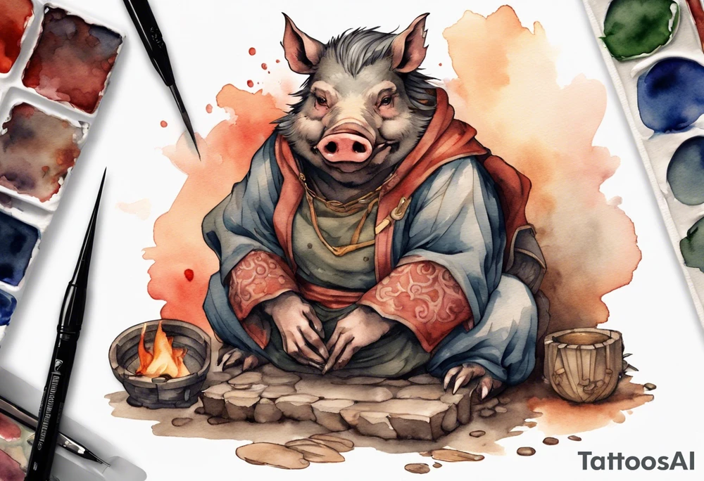 a Medieval boar sitting by the hearth tattoo idea