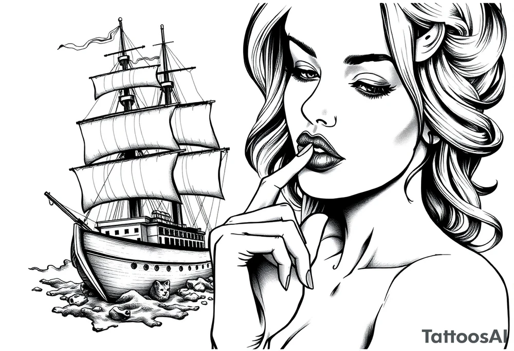 Old school ship and a realistic sexualised woman with her finger to her lips. Must say: Loose lips sink ships tattoo idea