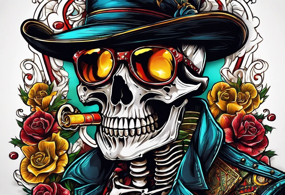 skeleton smoking cigar with poker chips, dealing the cards tattoo idea