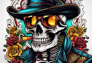 skeleton smoking cigar with poker chips, dealing the cards tattoo idea