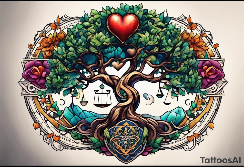 Micro realism tattoo design featuring the helix merging into the tree of life. With my zodiac sign libra holding the brain and heart on each side of the scale with the heart out weighing the brain tattoo idea