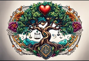 Micro realism tattoo design featuring the helix merging into the tree of life. With my zodiac sign libra holding the brain and heart on each side of the scale with the heart out weighing the brain tattoo idea