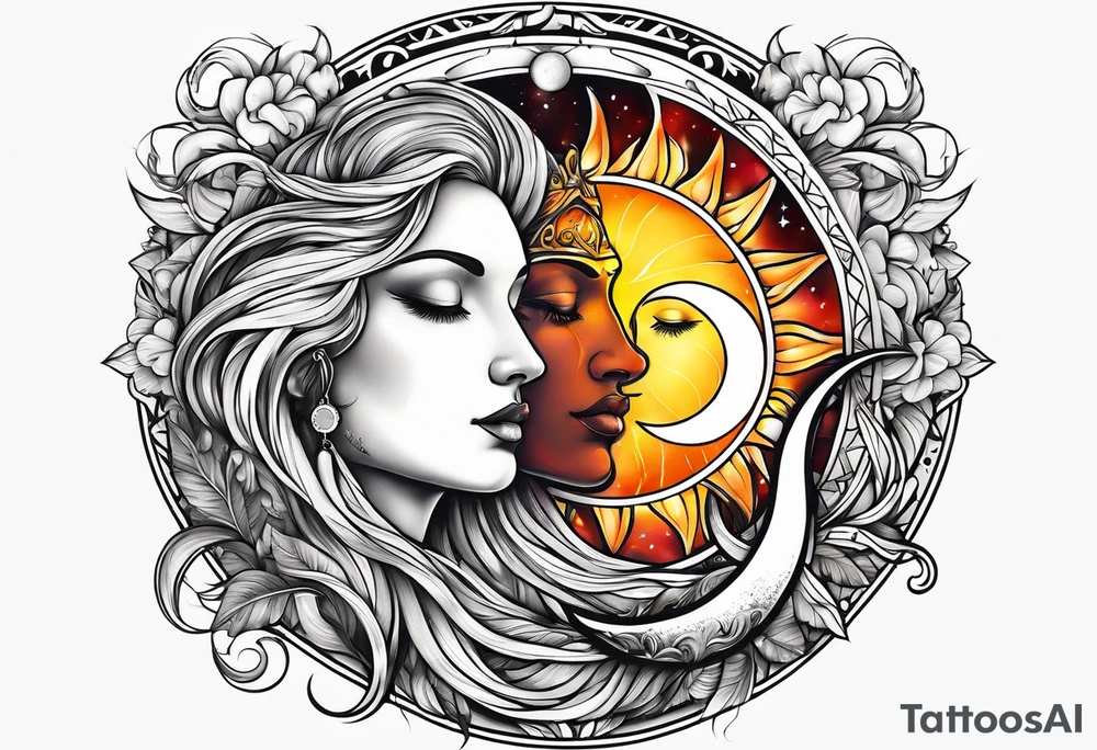 Twin flame with sun and moon tattoo idea