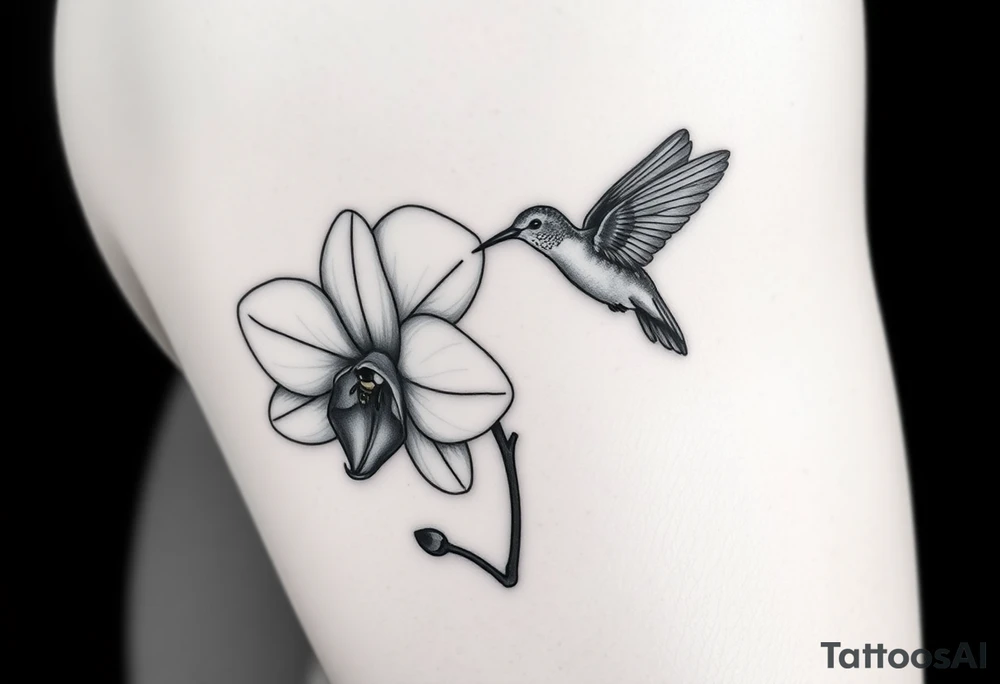 A delicate, black and white fine-line tattoo for male, featuring gracefully detailed 2 orchids in full bloom including their stems, with soft, intricate petals and elegant curves. Beside it, a hummingbird hovers mid-flight, its wings drawn with subtle motion lines, its slender beak reaching toward the orchid’s center to drink its nectar. on the other flower there is a bee that is resting tattoo idea