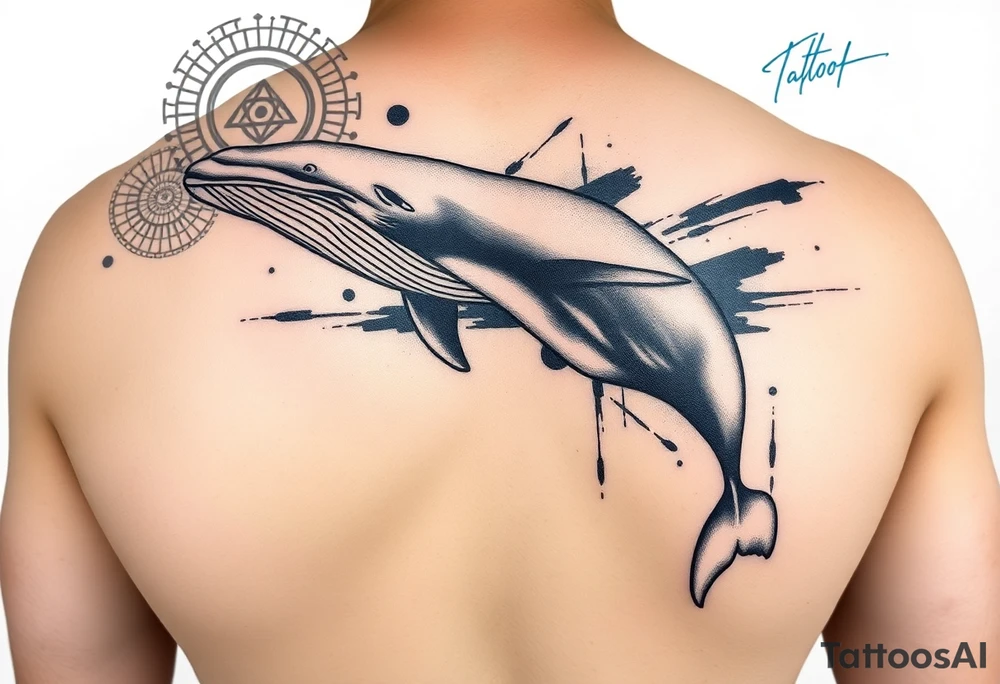 “A realistic-style humpback whale swimming forward across the upper bicep, with its tail transitioning into abstract brushstrokes and artistic smudges. Background includes sacred geometric shapes (circles, triangles, lines) integrated subtly, and a detailed Maori/Polynesian tribal tattoo only on the shoulder area. Add expressive blue calligraphic scribbles – more like ink gestures than text. tattoo idea