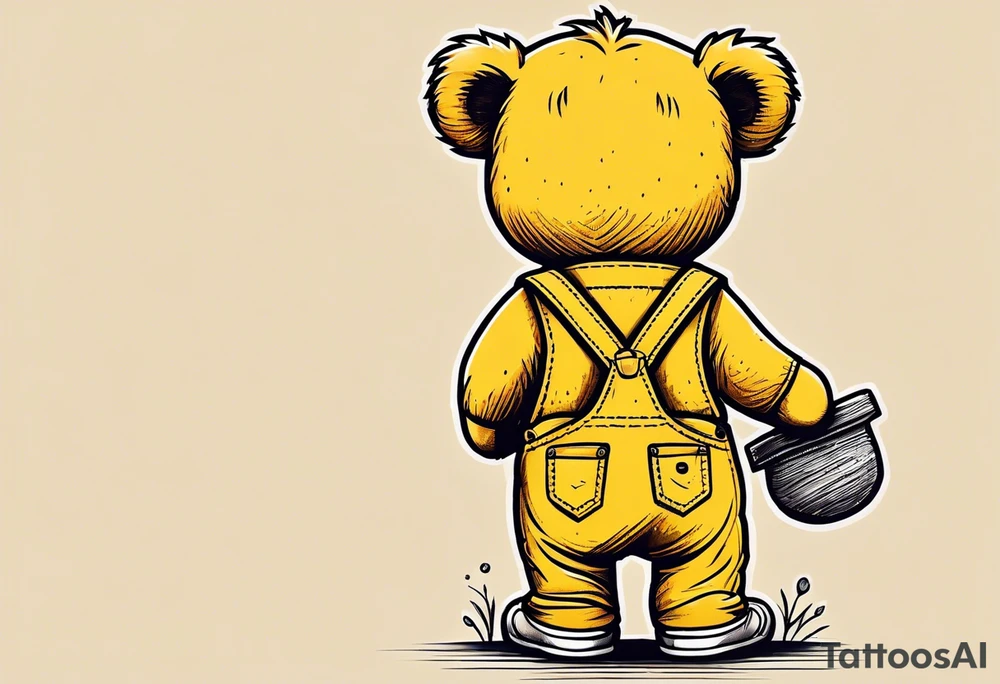 image of the back of a light brown teddy bear standing in yellow overalls, striped tank top and wearing boots and holding the hand of a little girl tattoo idea