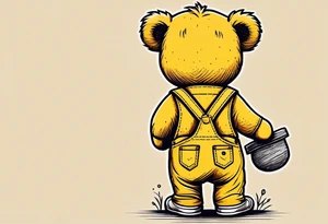 image of the back of a light brown teddy bear standing in yellow overalls, striped tank top and wearing boots and holding the hand of a little girl tattoo idea