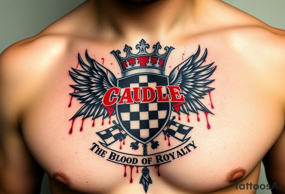 Men Doom Crest  with A Giant King Crown, CAUDLE written inside red, a chessboard, blood splatter on top of two  racing flags & OTF inside, The Words The Blood Of Royalty in red underneath the crest & 🌍 symbol in red outside of the crest, And raining blood drops, Jets/Airplanes/Helicopters/explosives tattoo idea