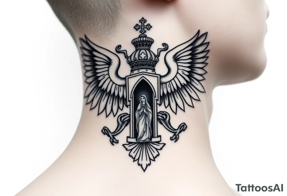 russian coat of arms double headed eagle traditional christian orthodox cross with a virgin mary stood in the entrance of a russian orthodox dome church on the side of the neck in a wilderness setting tattoo idea