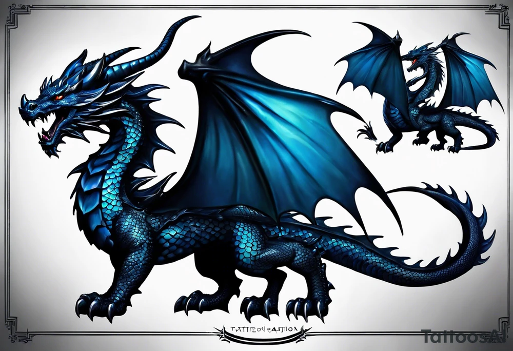 An epic floating dragon. Its long body coiling dynamically, with scales and horns detailed to create a sense of movement and strength. The dragon's main color is midnight blue, giving a vibrant depth and a mystical aura. This tattoo highlights the dragon’s fierce expression and sharp claws. tattoo idea