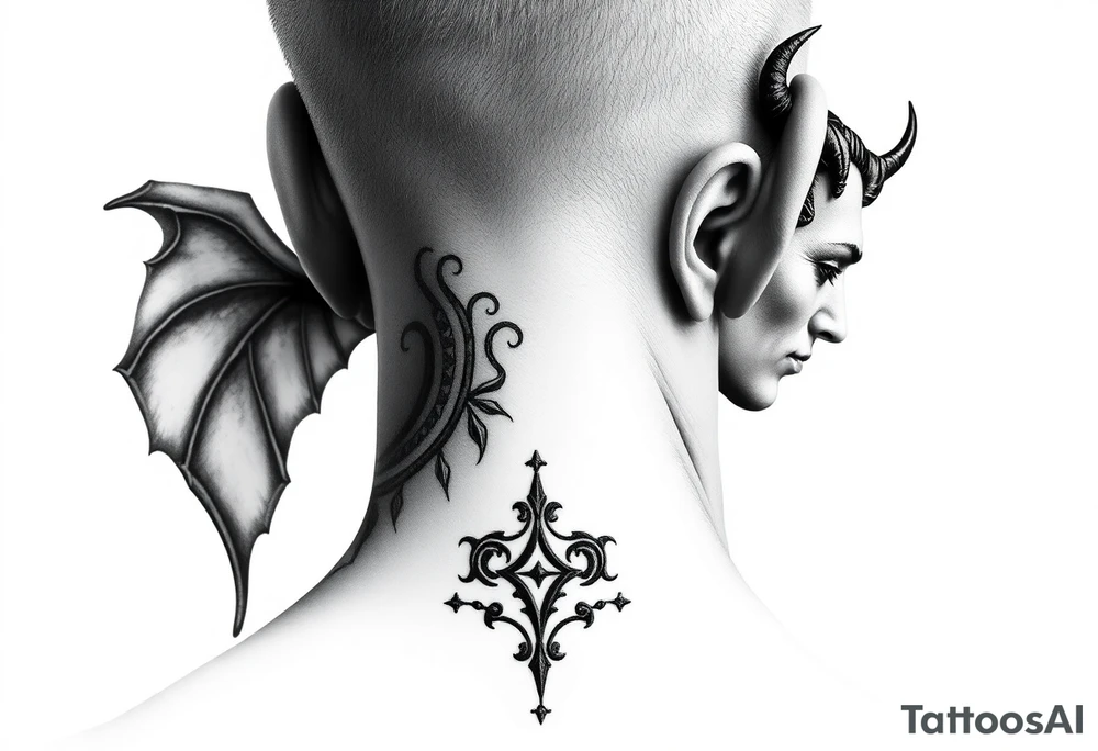 position behind the neck Angel (on the right) whispering in the right ear, demon (on the left) whispering in the left ear tattoo idea