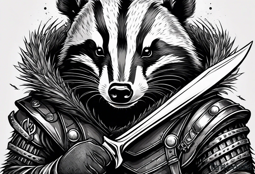 Draw me hunting badger with aggressive full body, killer face with a smile, very long nails and he attacks like a Turkish gladiator to enemy and also he has very deadly looking. The only weapon is his braveness he fights with his nails. Everybody scares after their first sight. And some horror type Badger this is real Hunter. tattoo idea