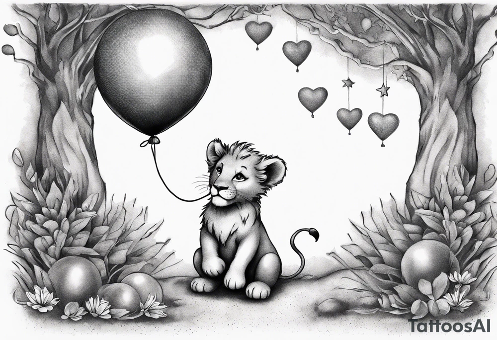 tatoo in sketch style only.
A little lion boy is holding a string to the hearth shaped small party baloon.
lion boy should be drawed from behind and has one hand reaching up in 45 degree angle and holding the baloon string
On the string is a wave which look like a hearbeat pulse.
draw it without any scenery, without any background. Just a boy 
Add heartbeat pulse on the string tattoo idea