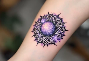 A full-circle sun in dark violet and black spirals symbolizes unity and eternity in Celtic lore. tattoo idea