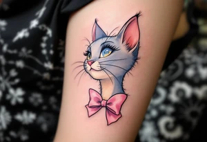 A delicate pastel tattoo of Marie with pink bow under neck from The Aristocats adds a touch of feline elegance. tattoo idea