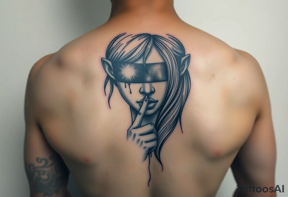 Women that has big eyes but her eyes are not there cause she is blind with a nose and long long hair that is flowing down her chest and back her index finger to her mouth and her ears both are bleeding tattoo idea