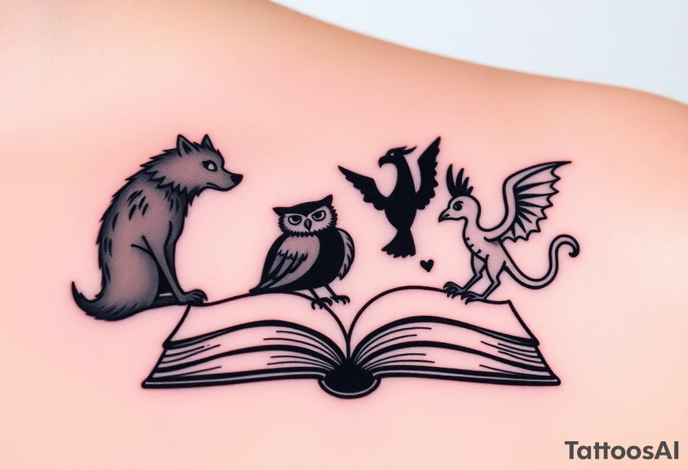 An open book with black silhouettes of a werewolf, an owl, a dragon & a phoenix coming out of the book tattoo idea