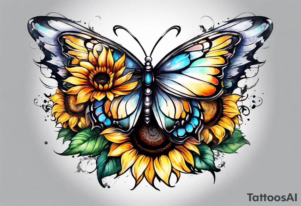 Sleeve with angel wings, sunflower and butterfly tattoo idea
