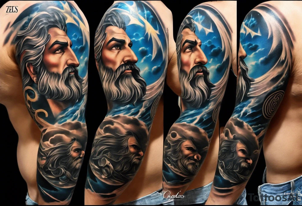 Full left arm tattoo sleeve with the Greek gods, Zeus, Poseidon and Hades. Zeus' face with a lightning bolt coming out of one eye is at the left shoulder, Poseidon's  face with a trident as one of his eyes is at the left upper arm and Hades' face with 
a bident as one of his eyes is at the left forearm. tattoo idea